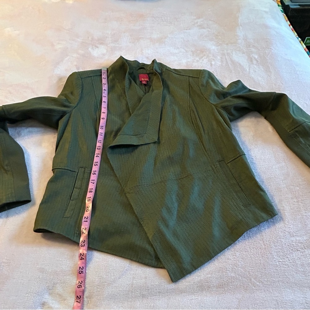 G.I.L.I open front drape cascading blazer jacket green leather size 12 fall - Picture 10 of 10